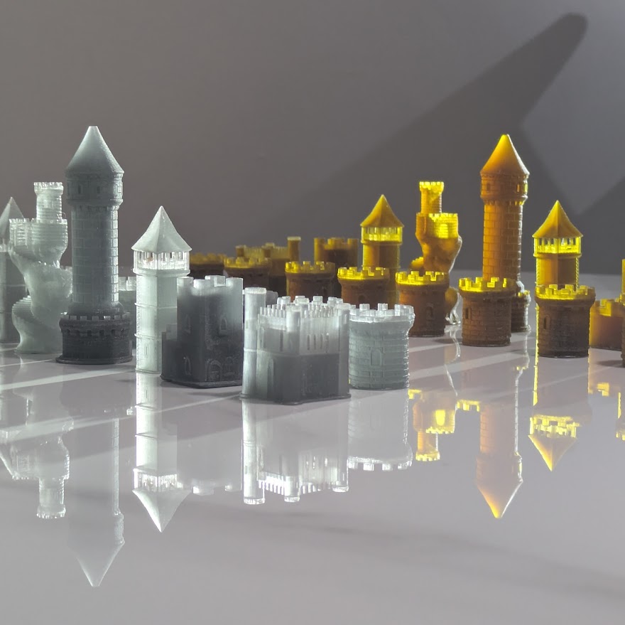 Medieval Castle Chess Pieces, Gold and Silver Resin with Stone-like Texture, Pieces Only